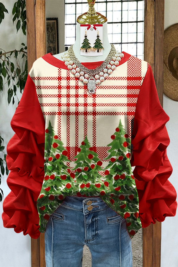 Classic Christmas Plaid Print Pleated Top