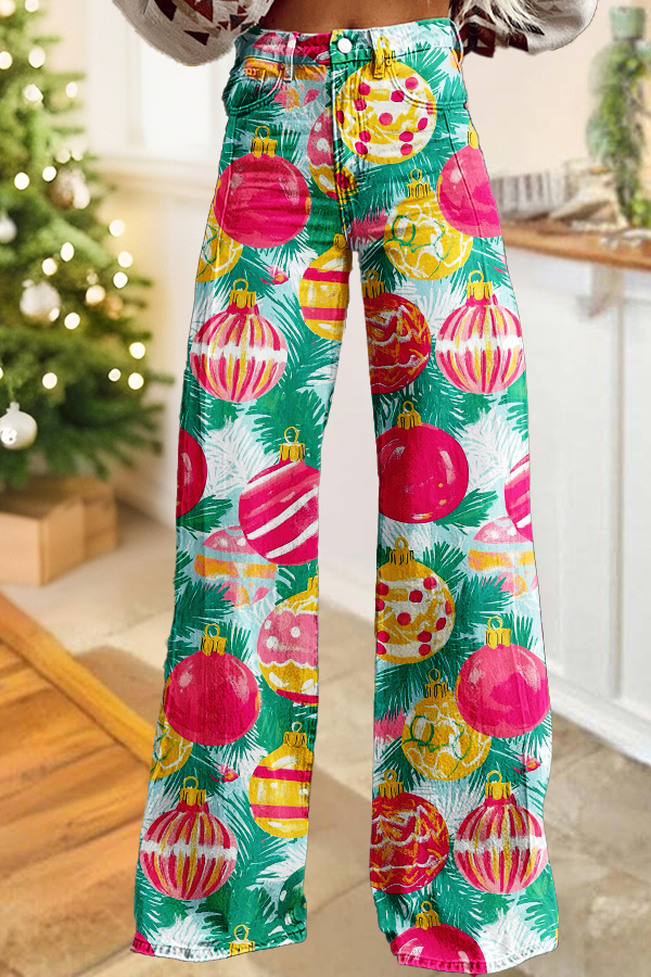 Colorful Christmas Ball Print Wide-Leg Pants