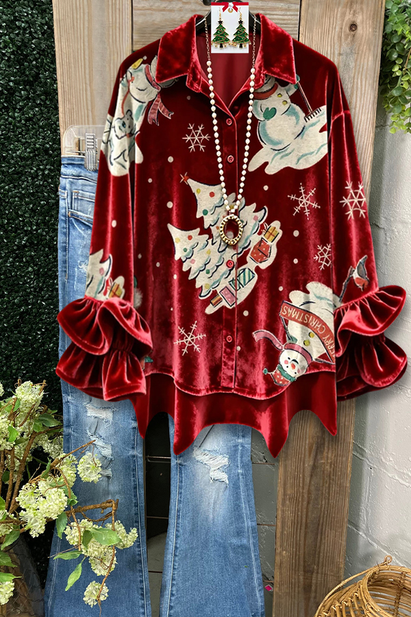Christmas Velvet Vintage Ruffle Sleeve Top