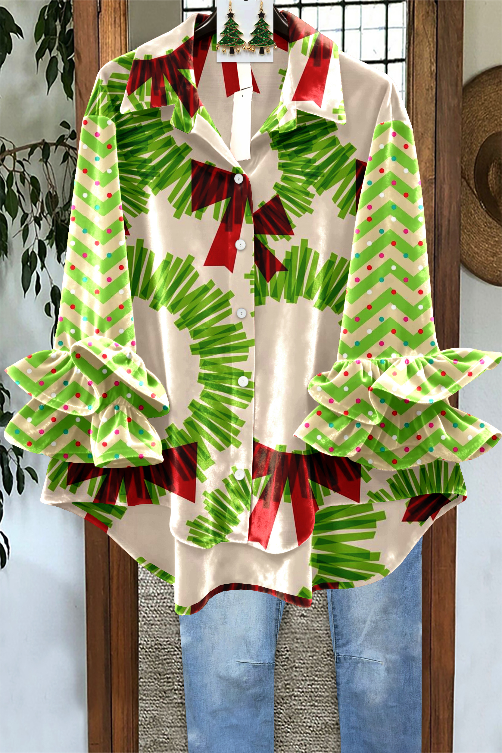 Christmas Wreath Striped Velvet Ruffle Sleeve Top