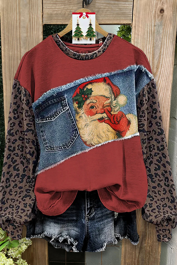 Retro Santa Claus Leopard Print Patchwork Sweatshirt