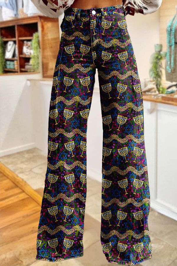 Retro Hanukkah Candle Wide-Leg Pants
