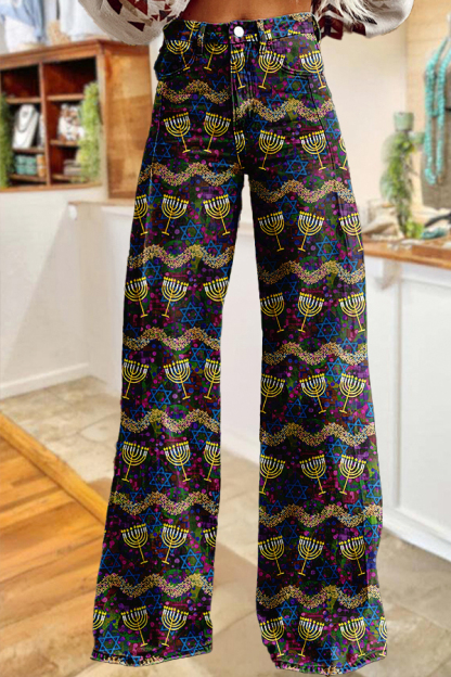 Retro Hanukkah Candle Wide-Leg Pants