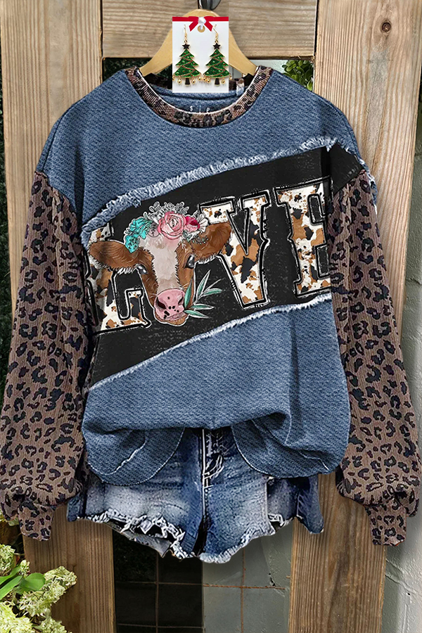 Western-Style Leopard Print Patchwork Sweatshirt