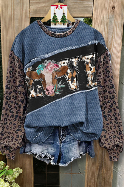 Western-Style Leopard Print Patchwork Sweatshirt