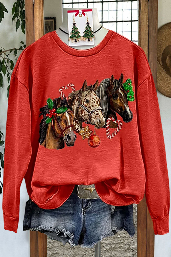 Retro Christmas Horse Print Crew Neck Sweatshirt
