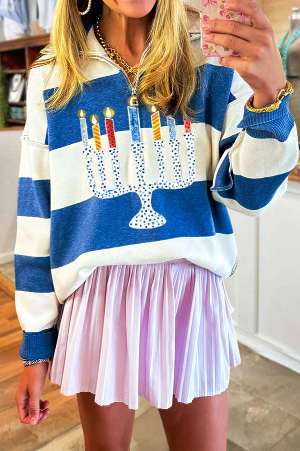 Hanukkah Candle Striped Zip-Up Sweatshirt