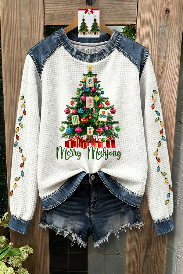 Christmas Mahjong Print Patchwork Sweatshirt