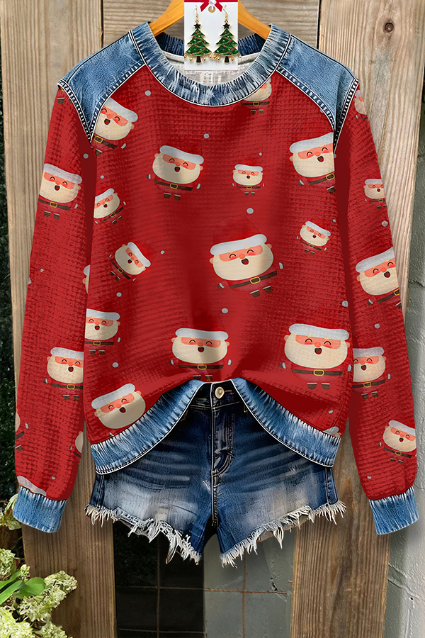 Retro Santa Claus Print Patchwork Sweatshirt