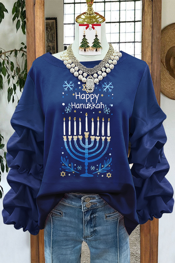 Hanukkah Candlelight Pleated Round Neck Top