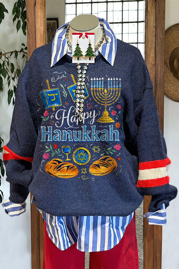 Vintage Hanukkah Candle Print Knit Sweater