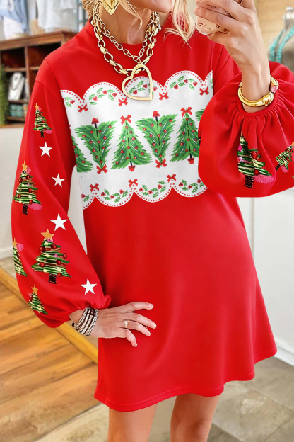 Retro Christmas Tree Print Sweatshirt Dress