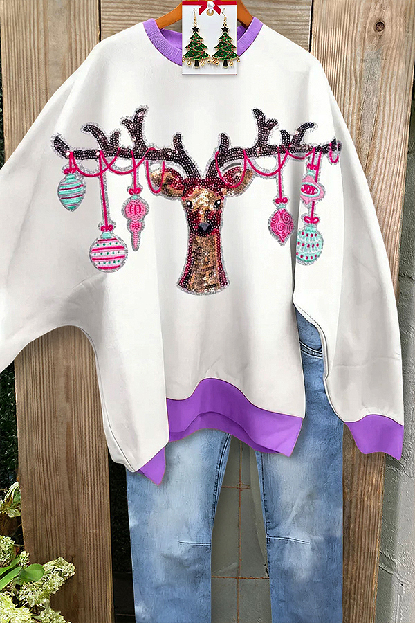 Christmas Reindeer Patchwork Batwing Sleeve Sweatshirt