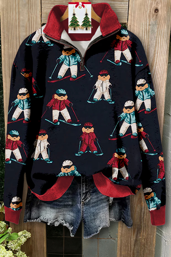 Christmas Ski Patchwork Zip-Up Sweatshirt