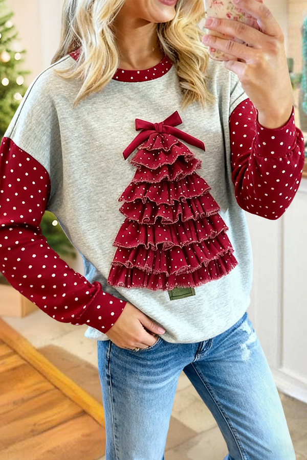 Retro Christmas Tree Polka Dot Patchwork Sweatshirt