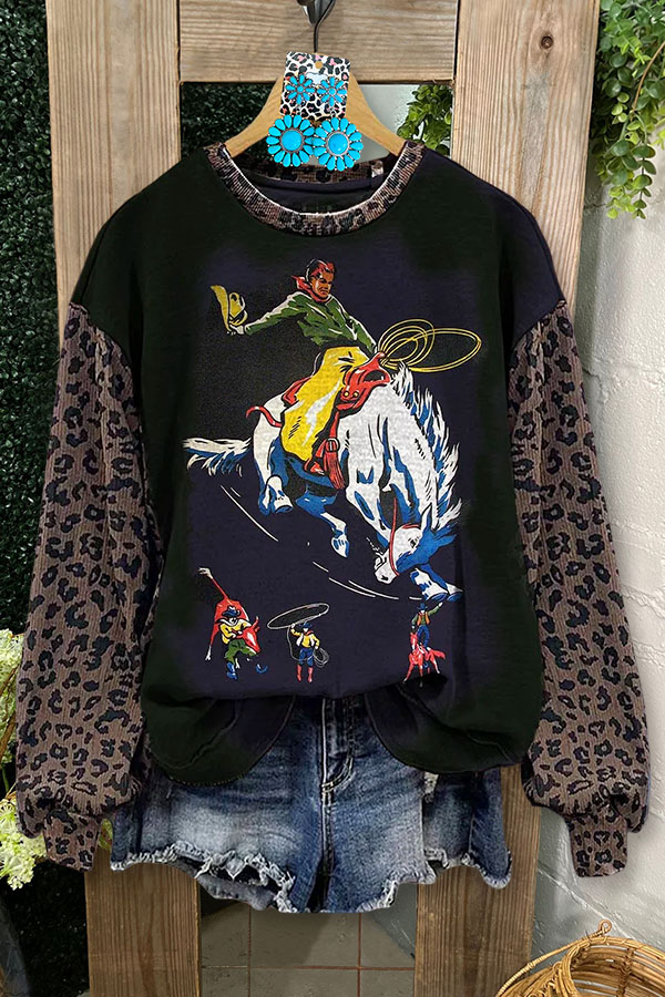Retro Horse Racing Leopard Print Patchwork Sweatshirt