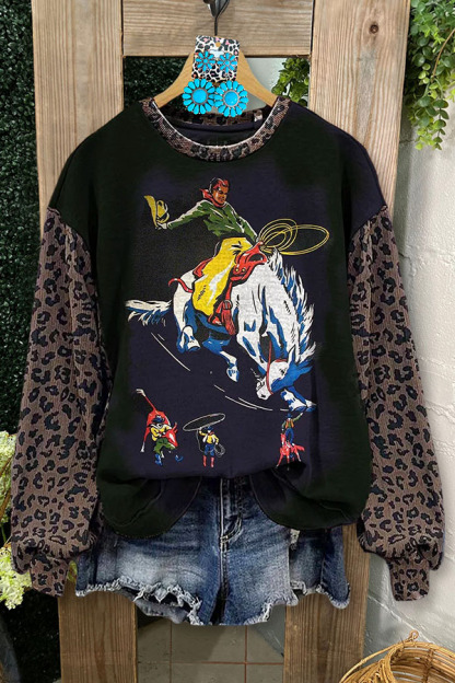 Retro Horse Racing Leopard Print Patchwork Sweatshirt