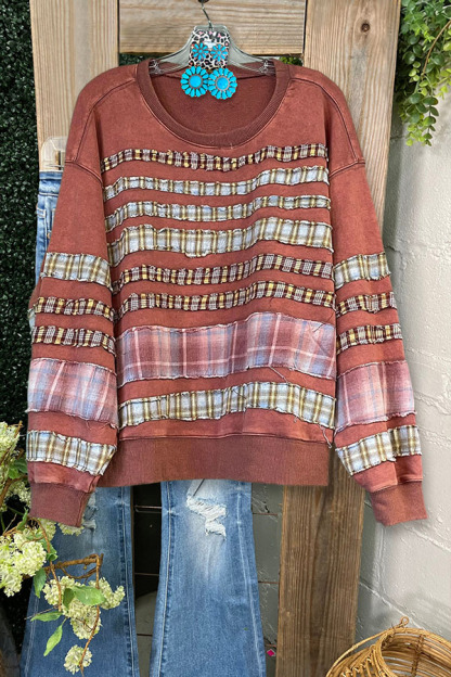 Retro Plaid Print Crew Neck Sweatshirt