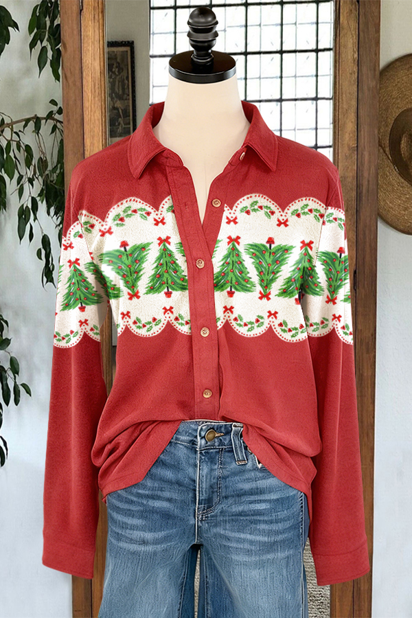 Retro Christmas Tree Button-Down Shirt