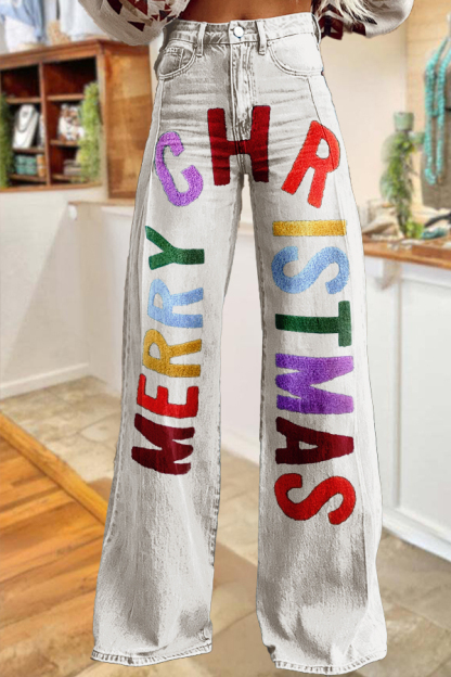 Christmas Colorful Letter Wide-Leg Pants