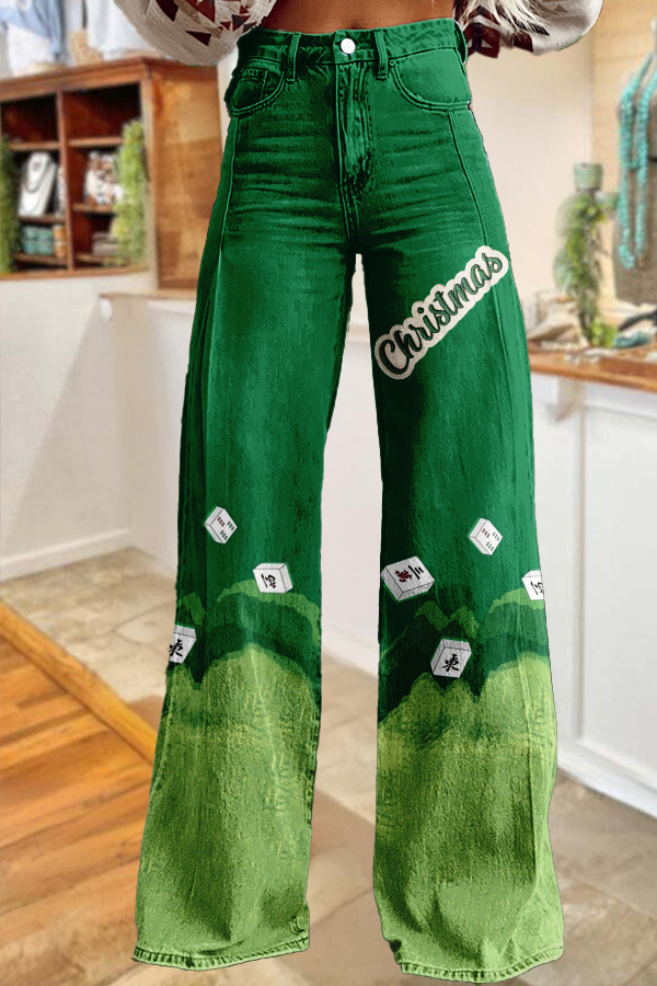 Christmas Mahjong Print Wide-Leg Pants