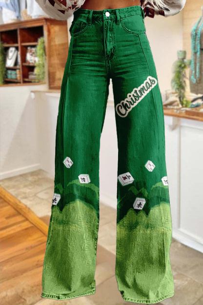 Christmas Mahjong Print Wide-Leg Pants