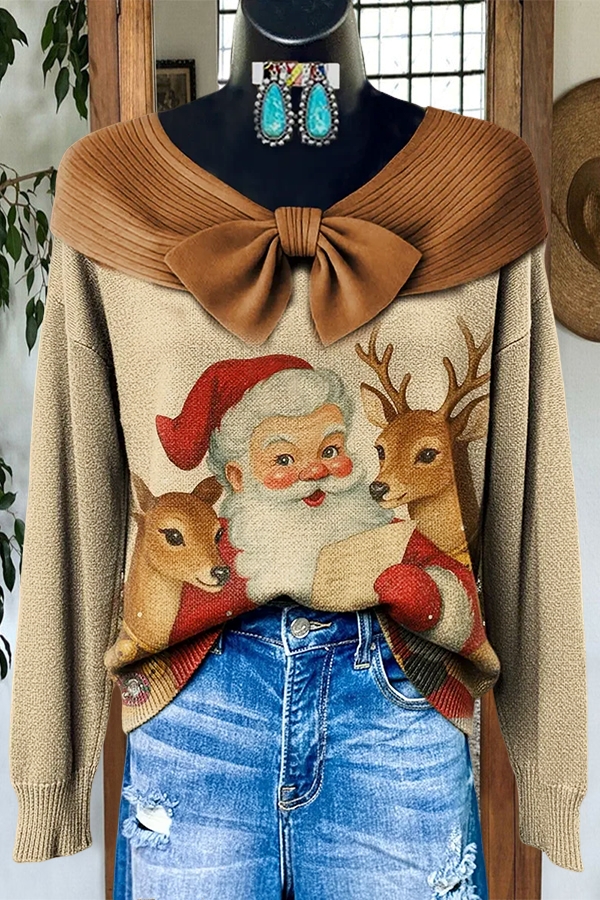 Retro Santa Claus Bow Patchwork Top