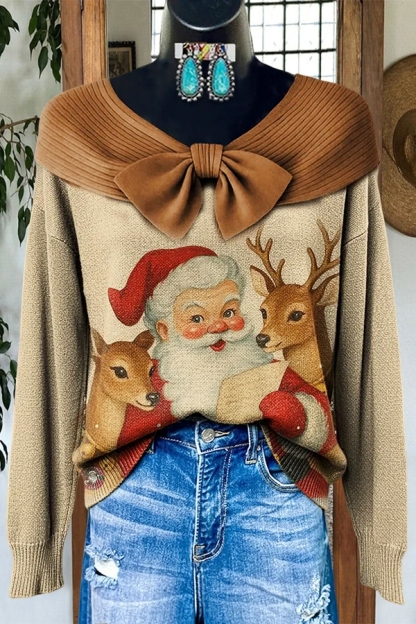 Retro Santa Claus Bow Patchwork Top