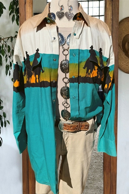 Western Retro Print Button-Up Shirt