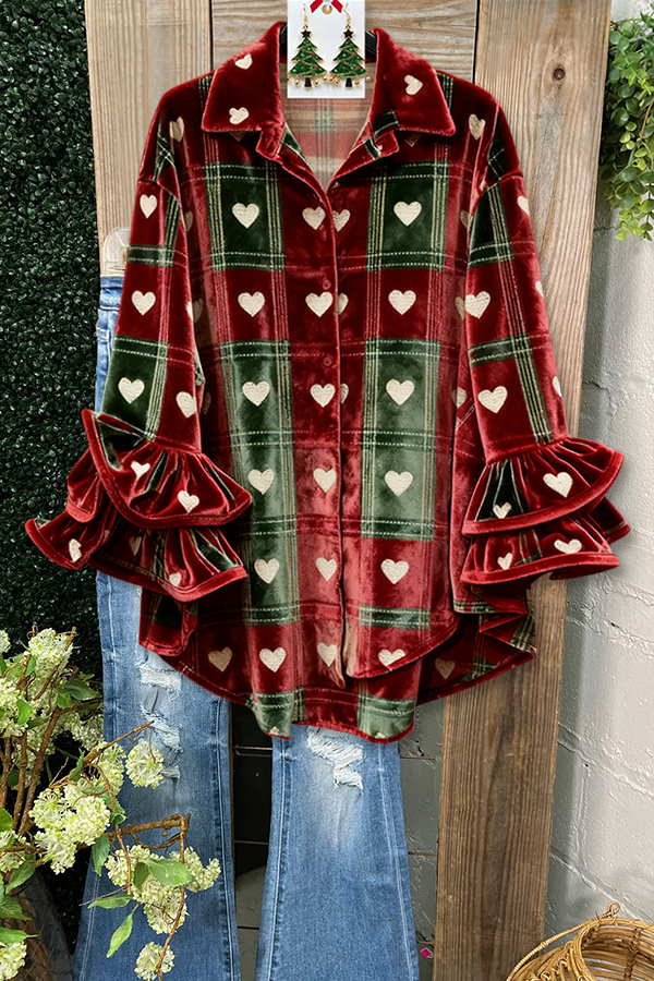 Christmas Heart Velvet Ruffle Sleeve Top