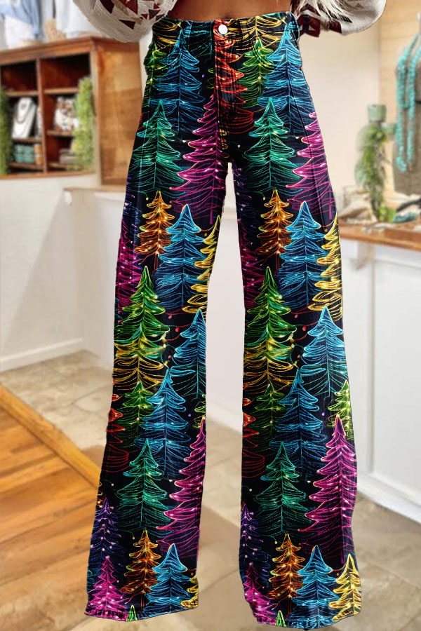 Color-Blocked Christmas Tree Print Wide-Leg Pants