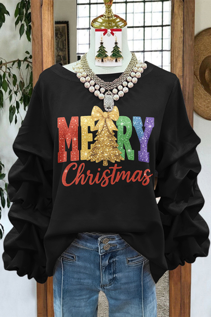 Christmas Shiny Letter Pleated Sweatshirt