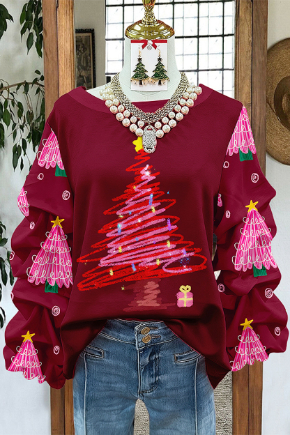Retro Christmas Tree Patchwork Pleated Sweatshirt
