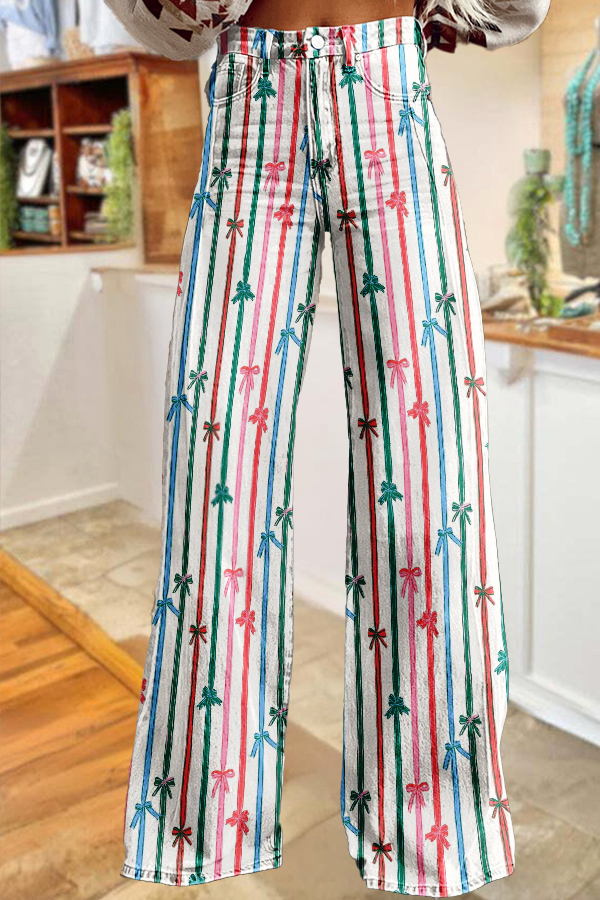 Classic Bow-Tie Striped Wide-Leg Pants