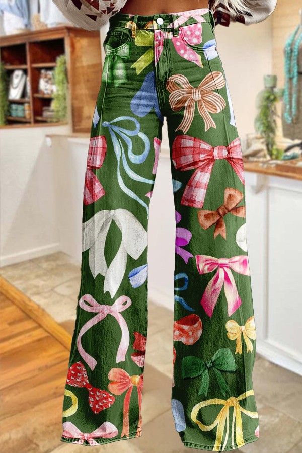 Retro Colorful Bow Print Wide-Leg Pants