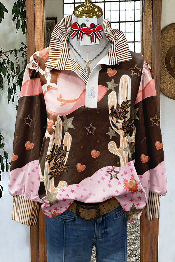 Pink Western Girl Striped Patchwork Shirt