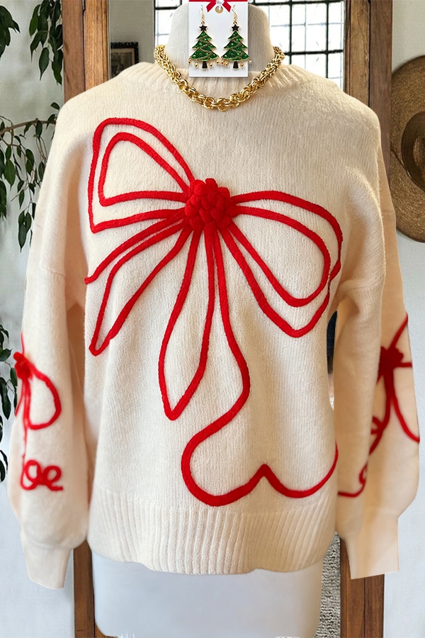 Sweet-Lined Bow-Knit Sweater