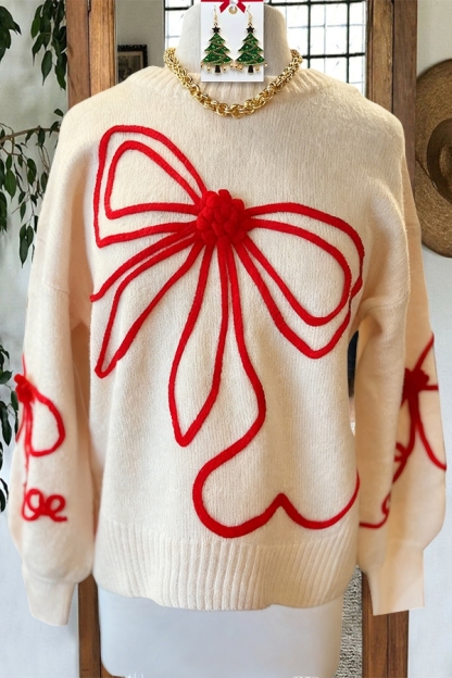 Sweet-Lined Bow-Knit Sweater