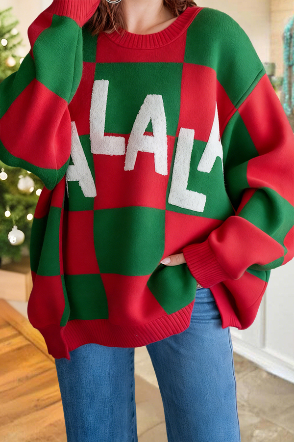 Christmas Color-Blocked Plaid Print Sweatshirt