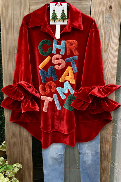 Charming Christmas Velvet Ruffle Sleeve Top