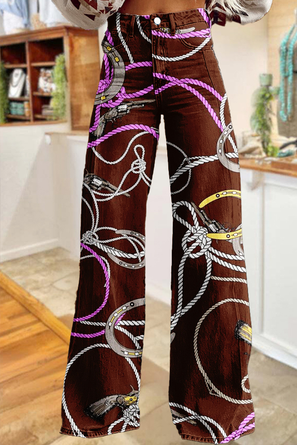 Western Horseshoe Print Wide-Leg Pants