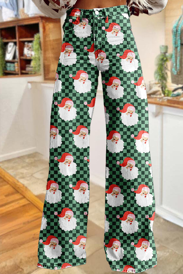 Western Santa Claus Plaid Wide-Leg Pants