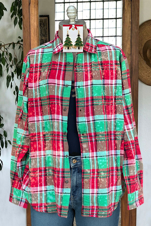 Christmas Color-Blocked Plaid Button-Down Shirt