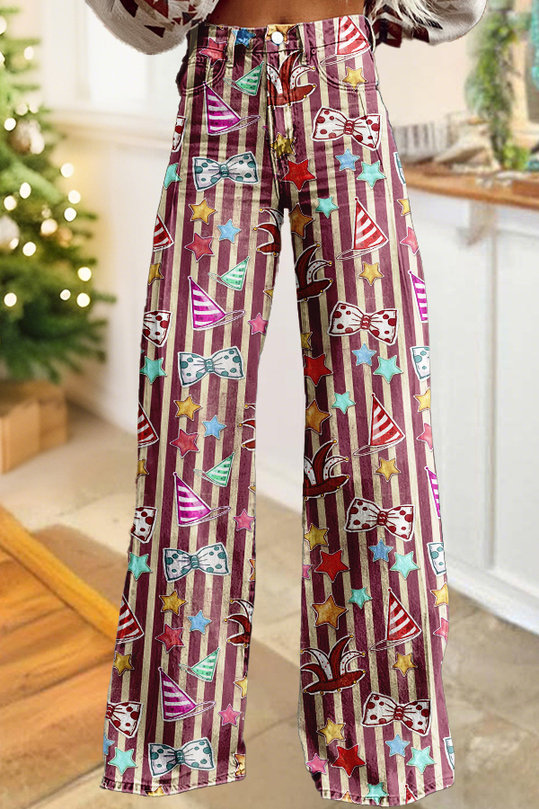 Retro Mardi Gras Striped Print Wide-Leg Pants