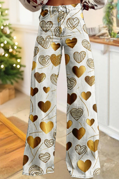 Sweet Valentine'S Day Gold Heart Wide-Leg Pants