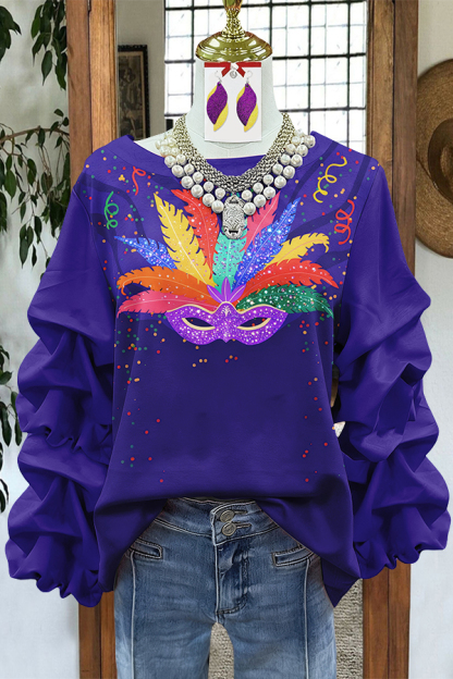 Charming Mardi Gras Mask Pleated Sweatshirt