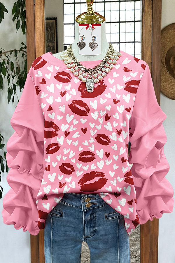 Valentine'S Day Heart Kiss Patchwork Sweatshirt