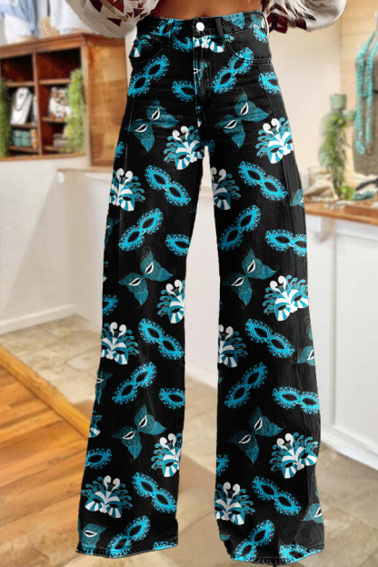 Western-Style Mardi Gras Mask Wide-Leg Pants
