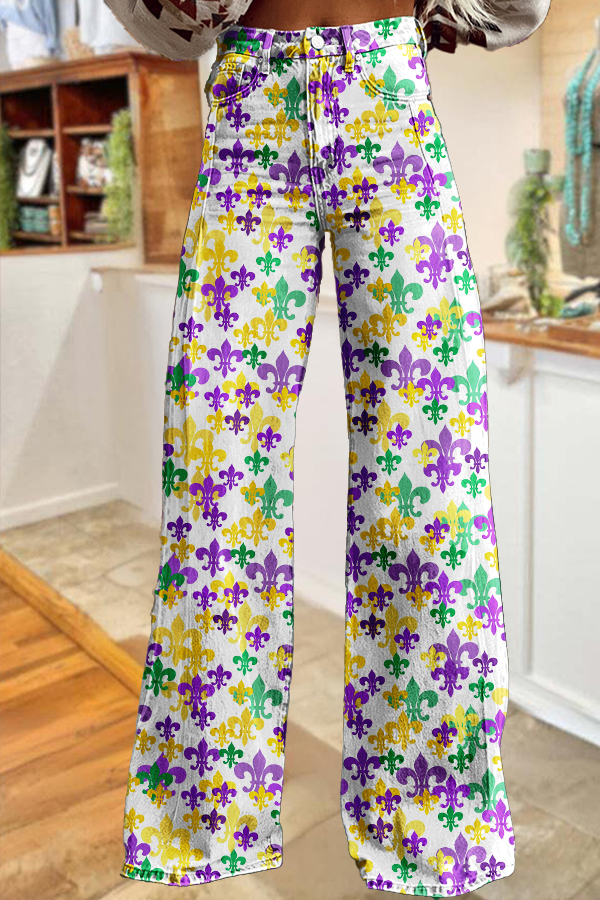 Mardi Gras Fleur-De-Lis Wide-Leg Pants