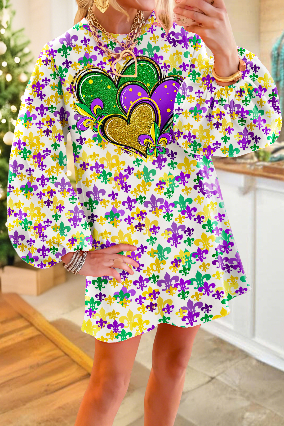 Mardi Gras Fleur-De-Lis Sparkling Heart Sweatshirt Dress